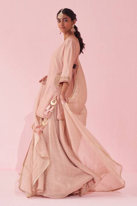 Shop Studio Bagechaa Blush Chanderi, Organza Embroidery Split V-neck Pink Sharara Set Online at Aza Fashions Shop_Studio Bagechaa_Blush Chanderi, Organza Embroidery Split V-neck Pink Sharara Set _Online_at_Aza_Fashions