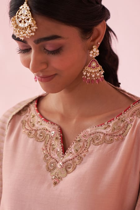 Buy Studio Bagechaa Blush Chanderi, Organza Embroidery Split V-neck Pink Sharara Set Buy_Studio Bagechaa_Blush Chanderi, Organza Embroidery Split V-neck Pink Sharara Set