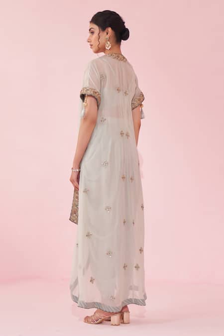 Shop Studio Bagechaa Pink Crepe, Organza Embroidery Round Neck Pale Blue Cape Set at Aza Fashions Shop_Studio Bagechaa_Pink Crepe, Organza Embroidery Round Neck Pale Blue Cape Set _at_Aza_Fashions