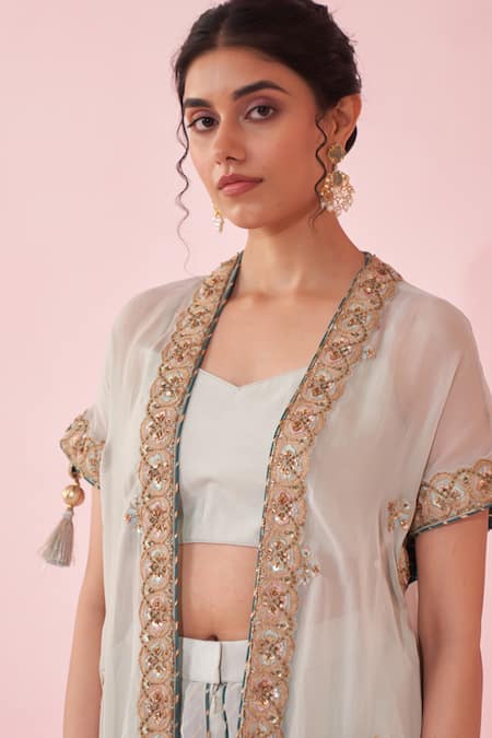 Studio Bagechaa Pink Crepe, Organza Embroidery Round Neck Pale Blue Cape Set Online at Aza Fashions Studio Bagechaa_Pink Crepe, Organza Embroidery Round Neck Pale Blue Cape Set _Online_at_Aza_Fashions