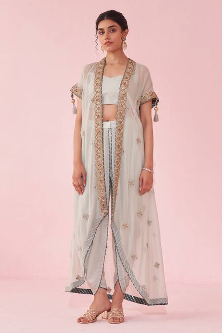 Shop Studio Bagechaa Pink Crepe, Organza Embroidery Round Neck Pale Blue Cape Set Online at Aza Fashions Shop_Studio Bagechaa_Pink Crepe, Organza Embroidery Round Neck Pale Blue Cape Set _Online_at_Aza_Fashions