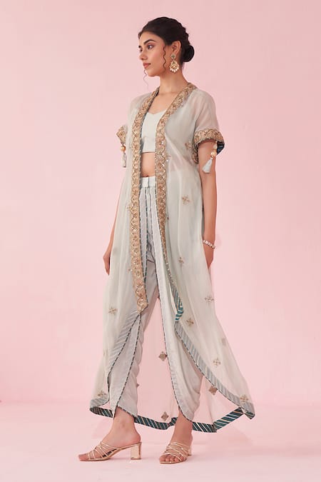 Studio Bagechaa Pink Crepe, Organza Embroidery Round Neck Pale Blue Cape Set at Aza Fashions Studio Bagechaa_Pink Crepe, Organza Embroidery Round Neck Pale Blue Cape Set _at_Aza_Fashions
