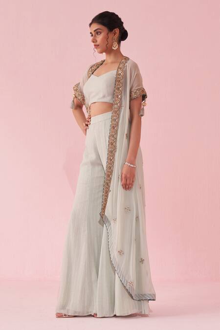 Studio Bagechaa Pink Georgette Embroidery Round Neck Pale Blue Cape Set With Sharara Pants Online at Aza Fashions Studio Bagechaa_Pink Georgette Embroidery Round Neck Pale Blue Cape Set With Sharara Pants _Online_at_Aza_Fashions