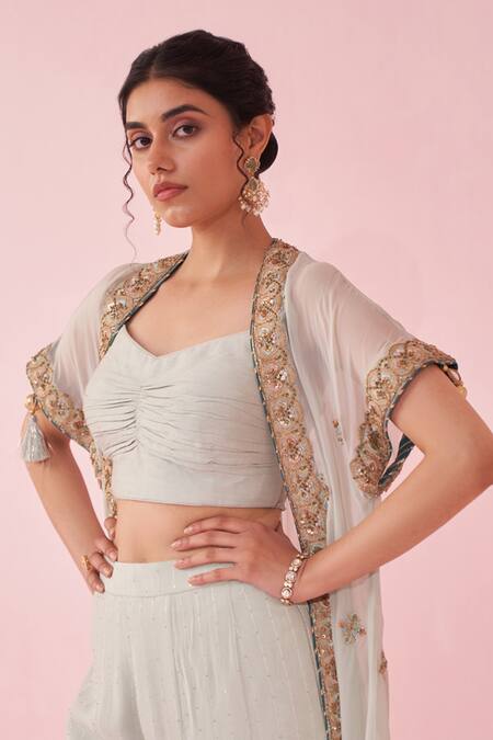 Buy Studio Bagechaa Pink Georgette Embroidery Round Neck Pale Blue Cape Set With Sharara Pants Online at Aza Fashions Buy_Studio Bagechaa_Pink Georgette Embroidery Round Neck Pale Blue Cape Set With Sharara Pants _Online_at_Aza_Fashions