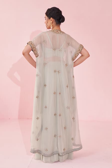 Shop Studio Bagechaa Pink Georgette Embroidery Round Neck Pale Blue Cape Set With Sharara Pants at Aza Fashions Shop_Studio Bagechaa_Pink Georgette Embroidery Round Neck Pale Blue Cape Set With Sharara Pants _at_Aza_Fashions