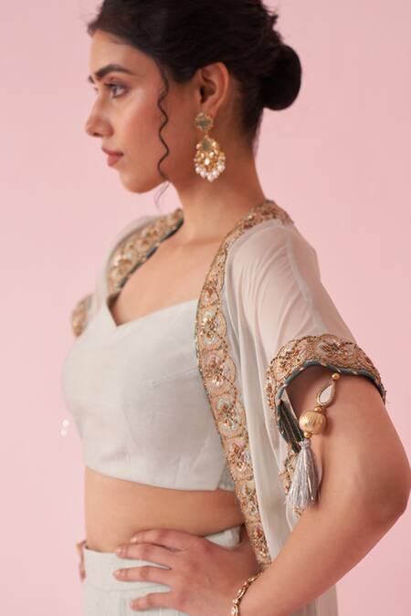 Shop Studio Bagechaa Pink Georgette Embroidery Round Neck Pale Blue Cape Set With Sharara Pants Online at Aza Fashions Shop_Studio Bagechaa_Pink Georgette Embroidery Round Neck Pale Blue Cape Set With Sharara Pants _Online_at_Aza_Fashions
