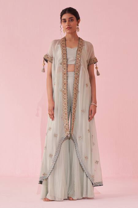 Studio Bagechaa Pink Georgette Embroidery Round Neck Pale Blue Cape Set With Sharara Pants at Aza Fashions Studio Bagechaa_Pink Georgette Embroidery Round Neck Pale Blue Cape Set With Sharara Pants _at_Aza_Fashions