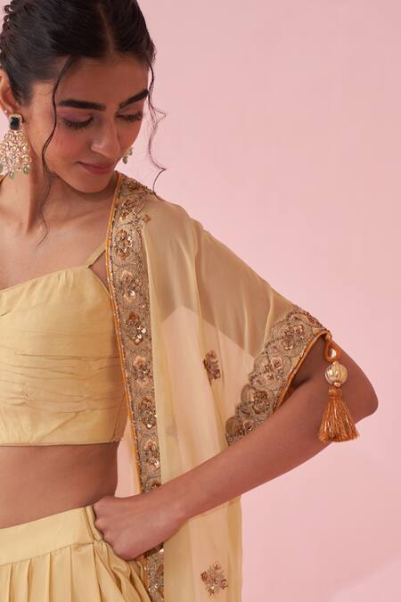Studio Bagechaa Yellow Crepe, Organza Embroidery Scoop Neck Cape Set Online at Aza Fashions Studio Bagechaa_Yellow Crepe, Organza Embroidery Scoop Neck Cape Set _Online_at_Aza_Fashions