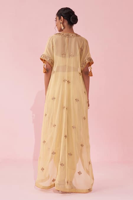 Shop Studio Bagechaa Yellow Crepe, Organza Embroidery Scoop Neck Cape Set at Aza Fashions Shop_Studio Bagechaa_Yellow Crepe, Organza Embroidery Scoop Neck Cape Set _at_Aza_Fashions