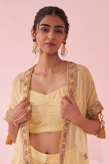 Buy Studio Bagechaa Yellow Crepe, Organza Embroidery Scoop Neck Cape Set Online at Aza Fashions Buy_Studio Bagechaa_Yellow Crepe, Organza Embroidery Scoop Neck Cape Set _Online_at_Aza_Fashions