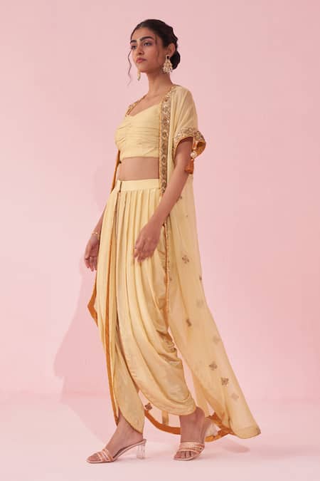Shop Studio Bagechaa Yellow Crepe, Organza Embroidery Scoop Neck Cape Set Online at Aza Fashions Shop_Studio Bagechaa_Yellow Crepe, Organza Embroidery Scoop Neck Cape Set _Online_at_Aza_Fashions