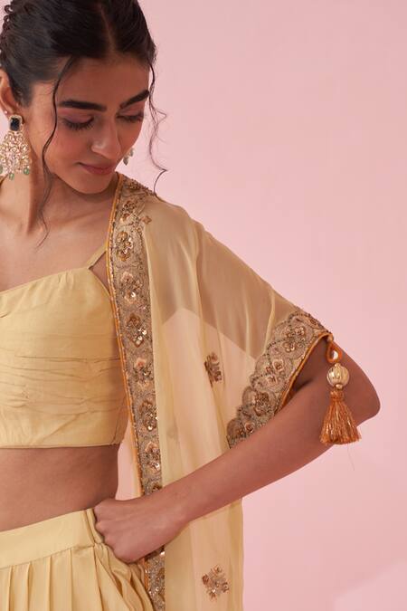 Studio Bagechaa Yellow Crepe, Organza Embroidery Scoop Neck Cape Set at Aza Fashions Studio Bagechaa_Yellow Crepe, Organza Embroidery Scoop Neck Cape Set _at_Aza_Fashions