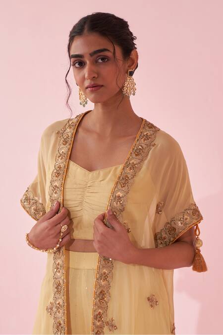 Buy Studio Bagechaa Yellow Georgette, Kota Doria Zari, Embroidery Scoop Neck Guldana Cape Set Online at Aza Fashions Buy_Studio Bagechaa_Yellow Georgette, Kota Doria Zari, Embroidery Scoop Neck Guldana Cape Set _Online_at_Aza_Fashions