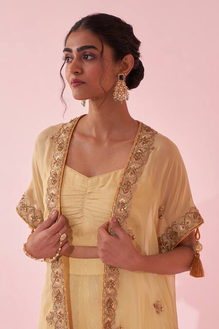 Shop Studio Bagechaa Yellow Georgette, Kota Doria Zari, Embroidery Scoop Neck Guldana Cape Set Online at Aza Fashions Shop_Studio Bagechaa_Yellow Georgette, Kota Doria Zari, Embroidery Scoop Neck Guldana Cape Set _Online_at_Aza_Fashions