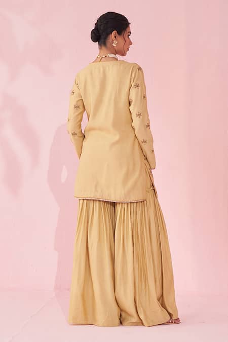 Studio Bagechaa Yellow Embroidery V-neck Sharara Set Online at Aza Fashions Studio Bagechaa_Yellow Embroidery V-neck Sharara Set _Online_at_Aza_Fashions