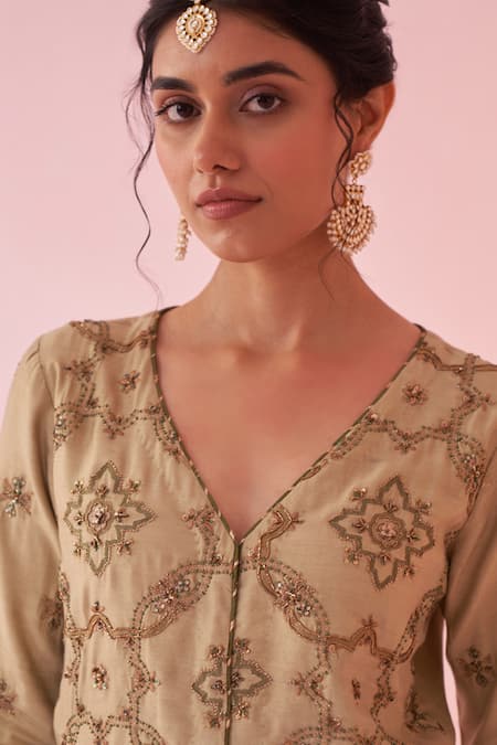 Buy Studio Bagechaa Green Kota Doria Zari, Sequins, Embroidery V-neck Gazal Sharara Set Online at Aza Fashions Buy_Studio Bagechaa_Green Kota Doria Zari, Sequins, Embroidery V-neck Gazal Sharara Set _Online_at_Aza_Fashions