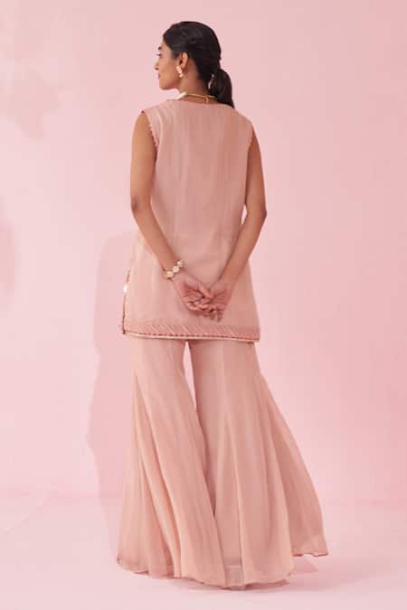 Shop Studio Bagechaa Blush Organza Embroidery V-neck Pink Sharara Set at Aza Fashions Shop_Studio Bagechaa_Blush Organza Embroidery V-neck Pink Sharara Set _at_Aza_Fashions