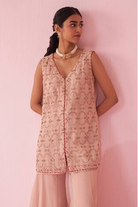 Studio Bagechaa Blush Organza Embroidery V-neck Pink Sharara Set Online at Aza Fashions Studio Bagechaa_Blush Organza Embroidery V-neck Pink Sharara Set _Online_at_Aza_Fashions