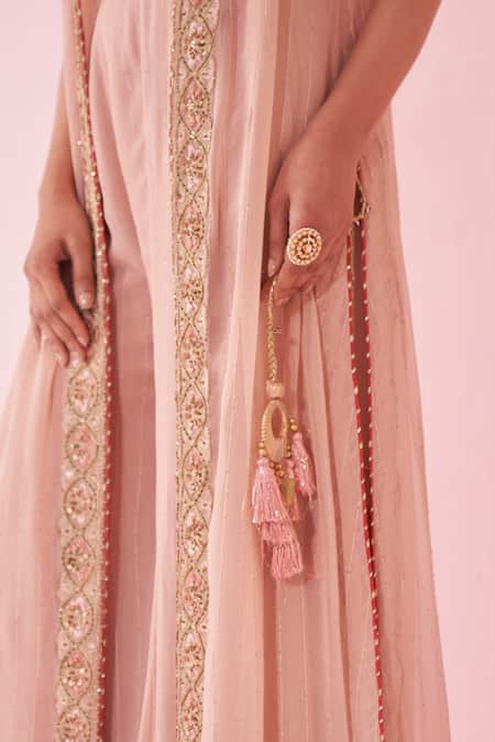 Buy_Studio Bagechaa_Blush Georgette Embroidery, Tassels V-neck Pink Sharara Set _Online_at_Aza_Fashions