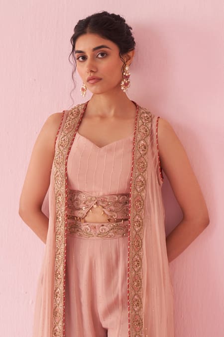 Shop_Studio Bagechaa_Blush Georgette Embroidery, Tassels V-neck Pink Sharara Set _Online_at_Aza_Fashions