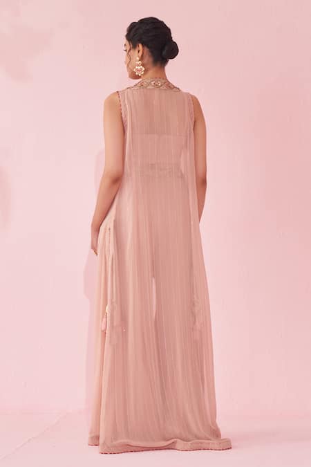 Studio Bagechaa_Blush Georgette Embroidery, Tassels V-neck Pink Sharara Set _Online_at_Aza_Fashions