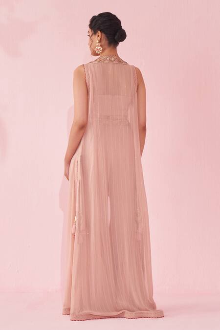 Studio Bagechaa_Blush Georgette Embroidery, Tassels V-neck Pink Sharara Set _at_Aza_Fashions