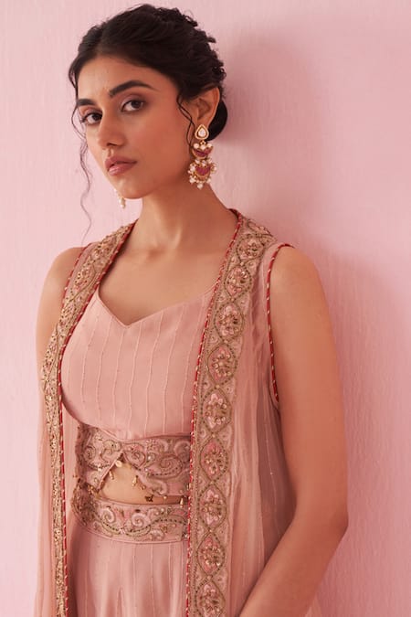 Buy_Studio Bagechaa_Blush Georgette Embroidery, Tassels V-neck Pink Sharara Set 