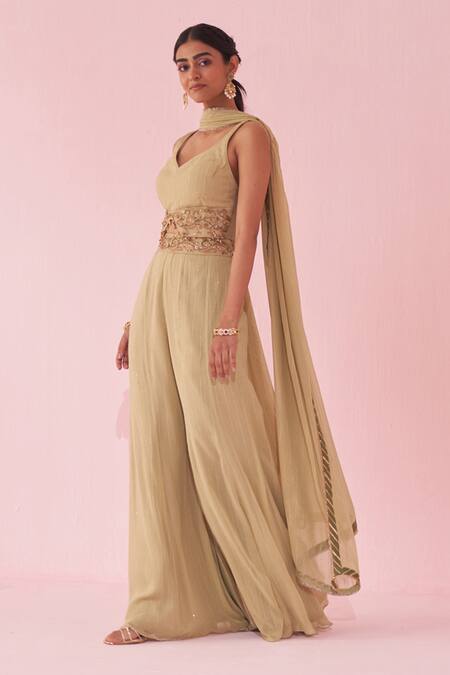 Shop_Studio Bagechaa_Green Georgette Beads, Zari, Embroidery V-neck Gul Sharara Set _Online_at_Aza_Fashions