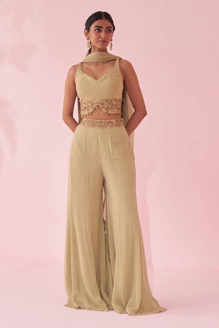 Studio Bagechaa_Green Georgette Beads, Zari, Embroidery V-neck Gul Sharara Set _at_Aza_Fashions