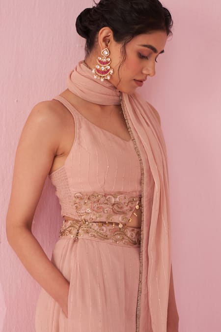 Shop Studio Bagechaa Blush Georgette Zari, Embroidery Scoop Neck Pink Sharara Set Shop_Studio Bagechaa_Blush Georgette Zari, Embroidery Scoop Neck Pink Sharara Set