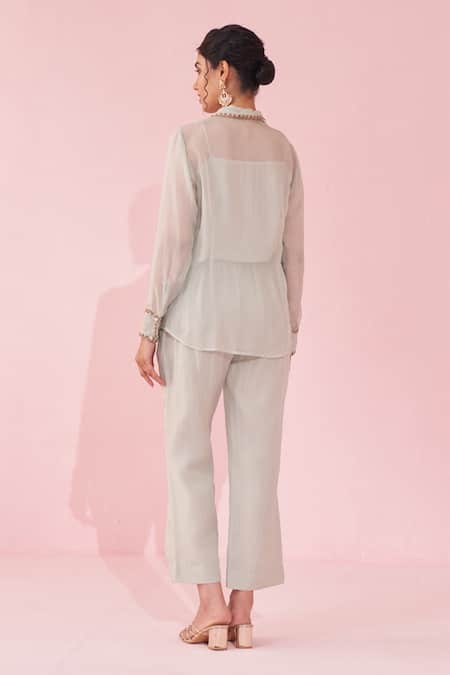 Shop Studio Bagechaa Peach Organza Embroidery Collared Gulmina Pale Blue Shirt Pant Set at Aza Fashions Shop_Studio Bagechaa_Peach Organza Embroidery Collared Gulmina Pale Blue Shirt Pant Set _at_Aza_Fashions