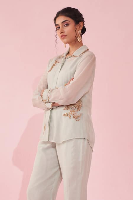 Studio Bagechaa Peach Organza Embroidery Collared Gulmina Pale Blue Shirt Pant Set Online at Aza Fashions Studio Bagechaa_Peach Organza Embroidery Collared Gulmina Pale Blue Shirt Pant Set _Online_at_Aza_Fashions