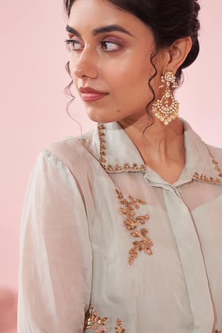 Buy Studio Bagechaa Peach Organza Embroidery Collared Gulmina Pale Blue Shirt Pant Set Online at Aza Fashions Buy_Studio Bagechaa_Peach Organza Embroidery Collared Gulmina Pale Blue Shirt Pant Set _Online_at_Aza_Fashions