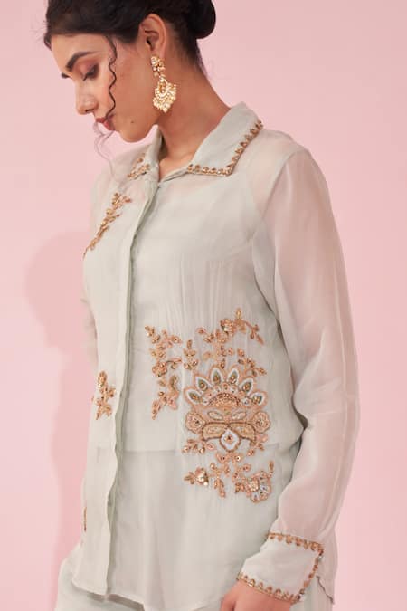Studio Bagechaa Peach Organza Embroidery Collared Gulmina Pale Blue Shirt Pant Set at Aza Fashions Studio Bagechaa_Peach Organza Embroidery Collared Gulmina Pale Blue Shirt Pant Set _at_Aza_Fashions