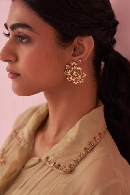 Shop Studio Bagechaa Peach Organza Embroidery Collared Gulmina Green Shirt Pant Set Online at Aza Fashions Shop_Studio Bagechaa_Peach Organza Embroidery Collared Gulmina Green Shirt Pant Set _Online_at_Aza_Fashions