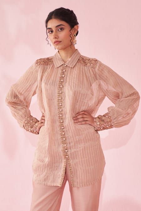 Buy Studio Bagechaa Blush Organza, Kota Doria Embroidery, Zari Collared, Round Pink Shirt Pant Set Online at Aza Fashions Buy_Studio Bagechaa_Blush Organza, Kota Doria Embroidery, Zari Collared, Round Pink Shirt Pant Set _Online_at_Aza_Fashions