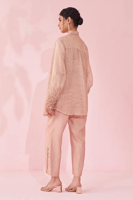 Shop Studio Bagechaa Blush Organza, Kota Doria Embroidery, Zari Collared, Round Pink Shirt Pant Set at Aza Fashions Shop_Studio Bagechaa_Blush Organza, Kota Doria Embroidery, Zari Collared, Round Pink Shirt Pant Set _at_Aza_Fashions