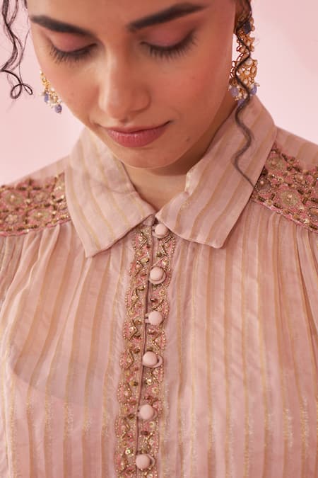 Shop Studio Bagechaa Blush Organza, Kota Doria Embroidery, Zari Collared, Round Pink Shirt Pant Set Online at Aza Fashions Shop_Studio Bagechaa_Blush Organza, Kota Doria Embroidery, Zari Collared, Round Pink Shirt Pant Set _Online_at_Aza_Fashions