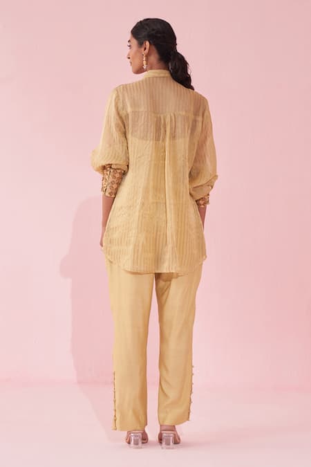 Shop Studio Bagechaa Yellow Organza, Kota Doria Zari, Embroidery, Sequins, Beads Chic Shirt Pant Set at Aza Fashions Shop_Studio Bagechaa_Yellow Organza, Kota Doria Zari, Embroidery, Sequins, Beads Chic Shirt Pant Set _at_Aza_Fashions