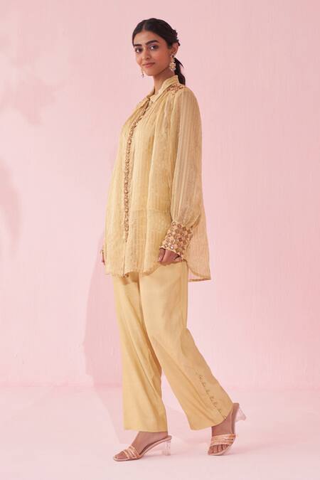Buy Studio Bagechaa Yellow Organza, Kota Doria Zari, Embroidery, Sequins, Beads Chic Shirt Pant Set Online at Aza Fashions Buy_Studio Bagechaa_Yellow Organza, Kota Doria Zari, Embroidery, Sequins, Beads Chic Shirt Pant Set _Online_at_Aza_Fashions