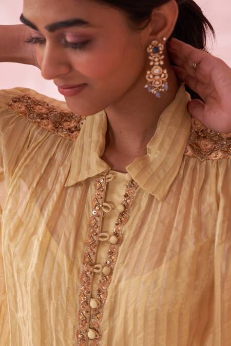 Shop Studio Bagechaa Yellow Organza, Kota Doria Zari, Embroidery, Sequins, Beads Chic Shirt Pant Set Online at Aza Fashions Shop_Studio Bagechaa_Yellow Organza, Kota Doria Zari, Embroidery, Sequins, Beads Chic Shirt Pant Set _Online_at_Aza_Fashions