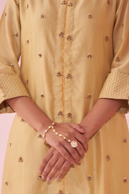 Shop Studio Bagechaa Yellow Chanderi Zari Round Neck Gulbadam Embroidered Kurta Set Online at Aza Fashions Shop_Studio Bagechaa_Yellow Chanderi Zari Round Neck Gulbadam Embroidered Kurta Set _Online_at_Aza_Fashions