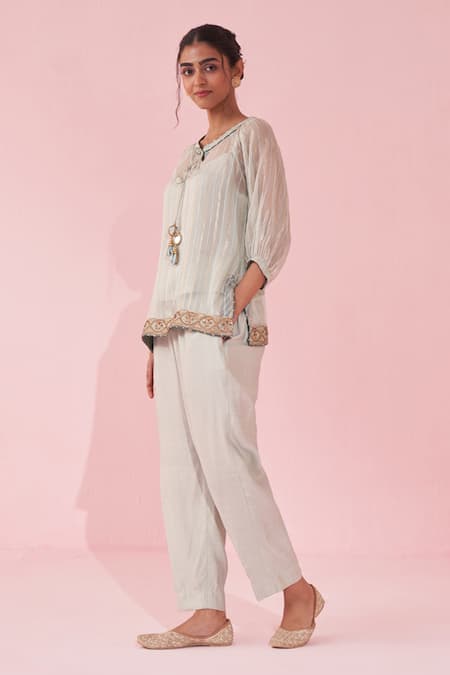 Studio Bagechaa Blue Organza Embroidery Round Neck Gajara Pale Tunic Pant Set Online at Aza Fashions Studio Bagechaa_Blue Organza Embroidery Round Neck Gajara Pale Tunic Pant Set _Online_at_Aza_Fashions