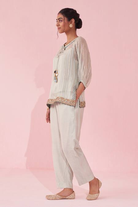 Buy Studio Bagechaa Blue Organza Embroidery Round Neck Gajara Pale Tunic Pant Set Online at Aza Fashions Buy_Studio Bagechaa_Blue Organza Embroidery Round Neck Gajara Pale Tunic Pant Set _Online_at_Aza_Fashions