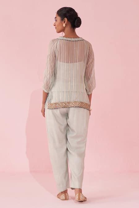 Shop Studio Bagechaa Blue Organza Embroidery Round Neck Gajara Pale Tunic Pant Set at Aza Fashions Shop_Studio Bagechaa_Blue Organza Embroidery Round Neck Gajara Pale Tunic Pant Set _at_Aza_Fashions