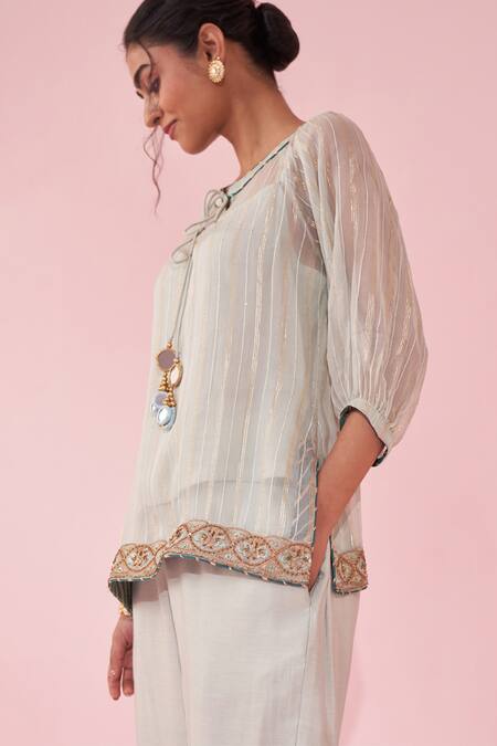 Shop Studio Bagechaa Blue Organza Embroidery Round Neck Gajara Pale Tunic Pant Set Online at Aza Fashions Shop_Studio Bagechaa_Blue Organza Embroidery Round Neck Gajara Pale Tunic Pant Set _Online_at_Aza_Fashions