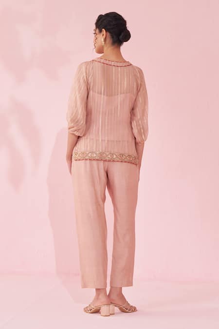 Shop Studio Bagechaa Blush Organza, Lurex Embroidery Round Neck Pink Tunic Pant Set at Aza Fashions Shop_Studio Bagechaa_Blush Organza, Lurex Embroidery Round Neck Pink Tunic Pant Set _at_Aza_Fashions