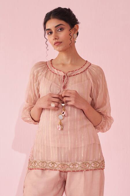 Studio Bagechaa Blush Organza, Lurex Embroidery Round Neck Pink Tunic Pant Set Online at Aza Fashions Studio Bagechaa_Blush Organza, Lurex Embroidery Round Neck Pink Tunic Pant Set _Online_at_Aza_Fashions