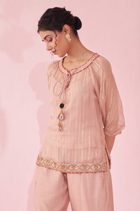 Buy Studio Bagechaa Blush Organza, Lurex Embroidery Round Neck Pink Tunic Pant Set Online at Aza Fashions Buy_Studio Bagechaa_Blush Organza, Lurex Embroidery Round Neck Pink Tunic Pant Set _Online_at_Aza_Fashions