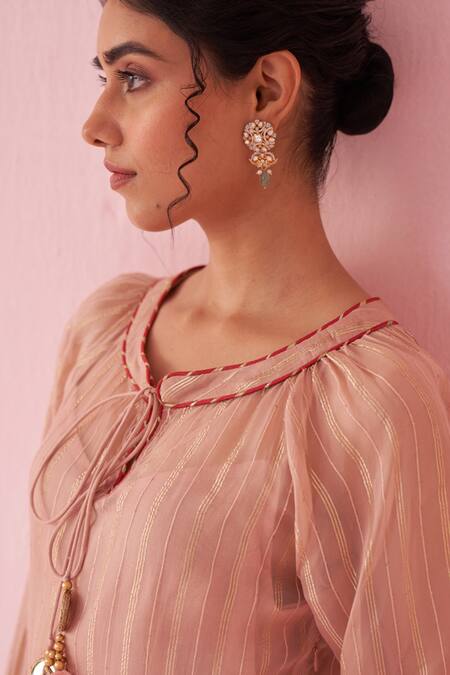 Shop Studio Bagechaa Blush Organza, Lurex Embroidery Round Neck Pink Tunic Pant Set Online at Aza Fashions Shop_Studio Bagechaa_Blush Organza, Lurex Embroidery Round Neck Pink Tunic Pant Set _Online_at_Aza_Fashions